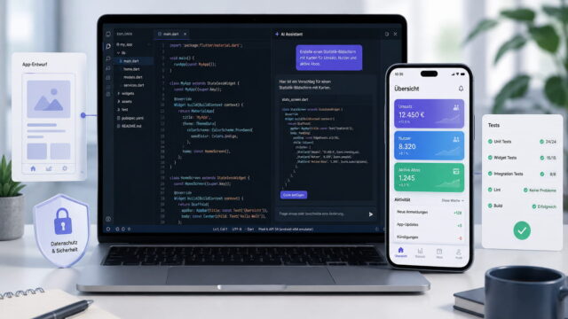 App-Entwicklung mit KI mit Code-Editor, KI-Assistent, Smartphone-App, Tests und Datenschutz