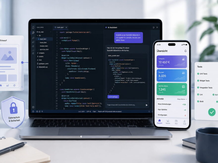 App-Entwicklung mit KI mit Code-Editor, KI-Assistent, Smartphone-App, Tests und Datenschutz