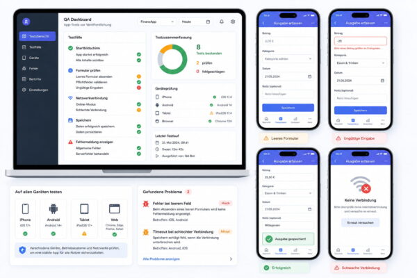 App-Tests für KI-generierten Code vor der Veröffentlichung prüfen QA-Dashboard mit App-Tests für KI-generierten Code auf verschiedenen Geräten