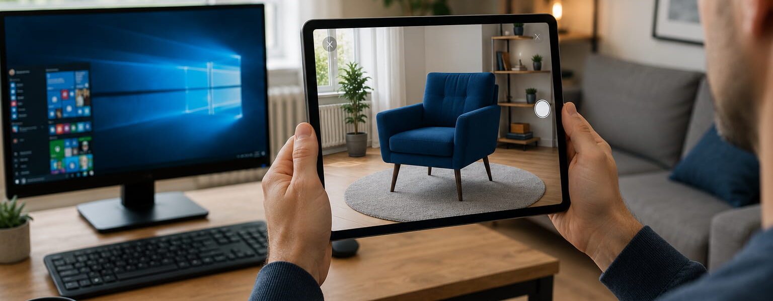 Augmented Reality mit virtuellem Sessel auf einem Tablet