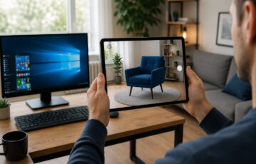 Augmented Reality mit virtuellem Sessel auf einem Tablet