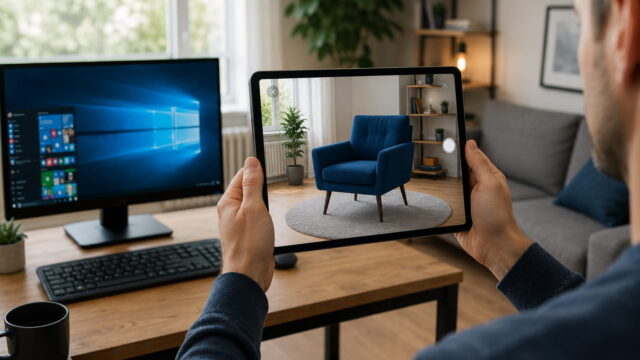 Augmented Reality mit virtuellem Sessel auf einem Tablet