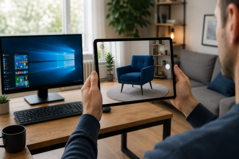 Augmented Reality mit virtuellem Sessel auf einem Tablet