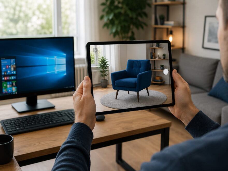 Augmented Reality mit virtuellem Sessel auf einem Tablet