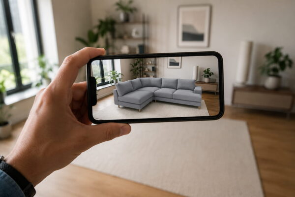 Augmented Reality zeigt ein virtuelles Sofa im Wohnzimmer