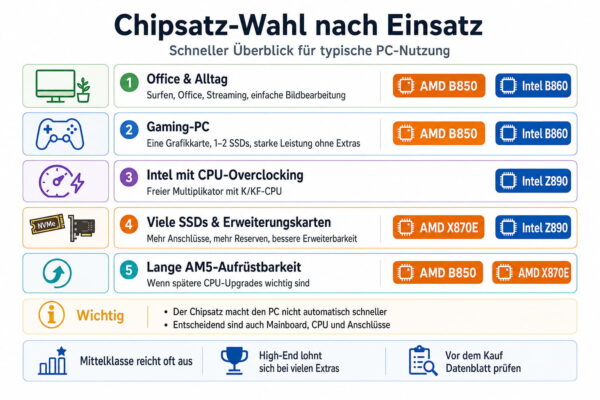 Chipsatz-Vergleich nach Einsatzgebiet mit Empfehlungen für AMD B850, X870E sowie Intel B860 und Z890
