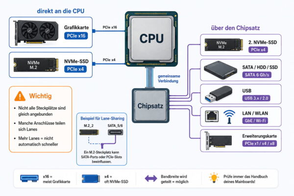 Chipsatz-Grafik zu PCIe-Lanes mit direkter CPU-Anbindung und Verbindungen über den Chipsatz