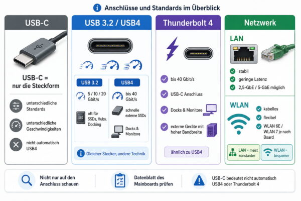 Chipsatz-Grafik zum Vergleich von USB4, Thunderbolt 4, LAN und WLAN auf Mainboards