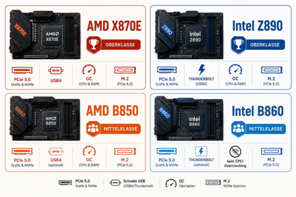 Chipsatz-Vergleich von AMD X870E und B850 sowie Intel Z890 und B860