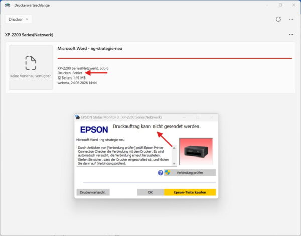Drucker offline unter Windows 11 mit fehlerhaftem Druckauftrag in der Warteschlange