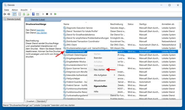 Drucker offline unter Windows 11 und Druckwarteschlange neu starten