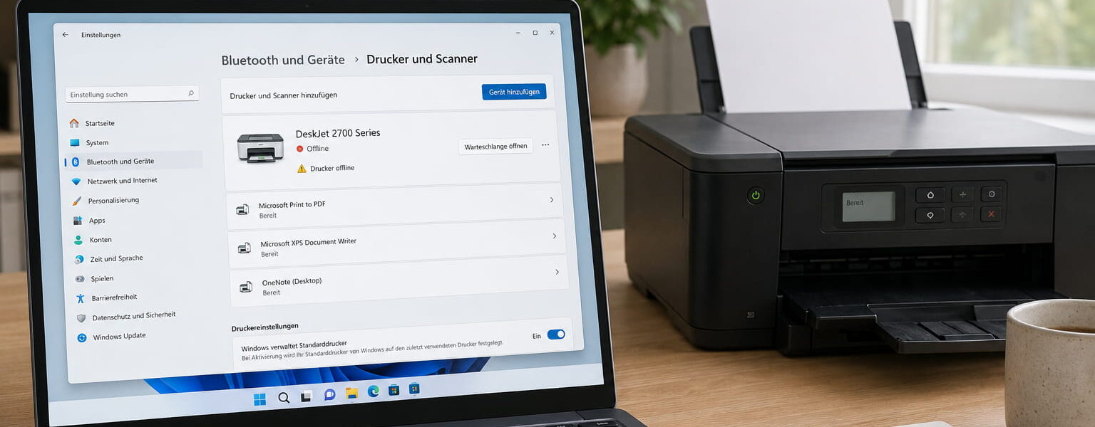 Drucker offline unter Windows 11 mit Druckereinstellungen auf dem Laptop