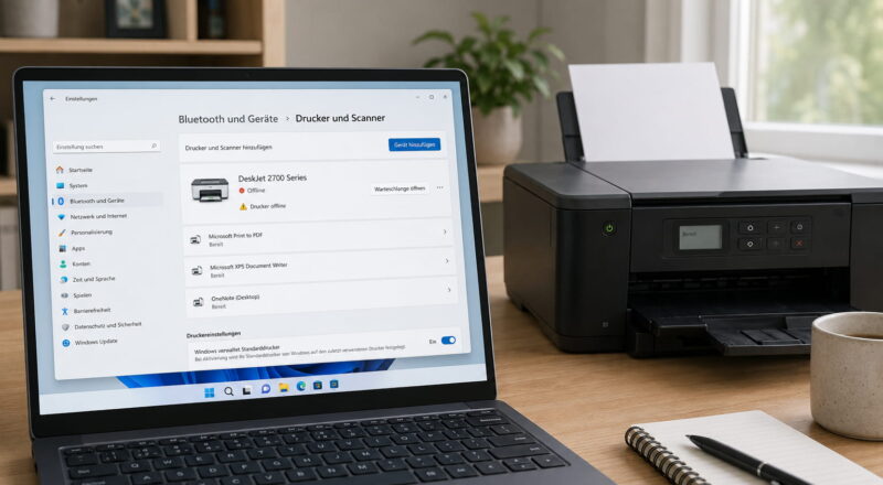Drucker offline unter Windows 11 mit Druckereinstellungen auf dem Laptop