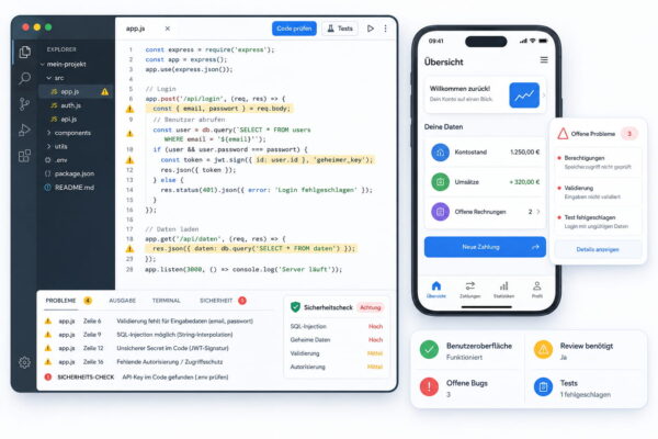 KI-Code prüfen: Sicherheitslücken und Testfehler früh erkennen Code-Editor und App-Oberfläche mit Hinweisen auf Sicherheitslücken und Testfehler bei der App-Entwicklung mit KI