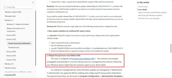 Microsoft bestätigt den Einsatz von Known Issue Rollback zur automatischen Behebung eines Windows-Update-Problems