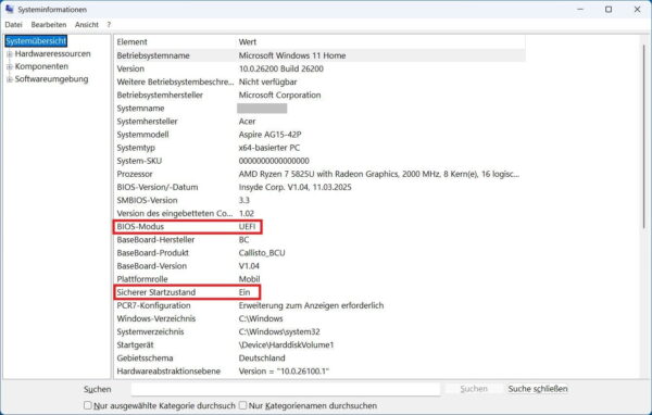 C:\Windows\SecureBoot: UEFI- und Secure-Boot-Status prüfen UEFI-Modus und Secure-Boot-Status in den Windows-Systeminformationen prüfen