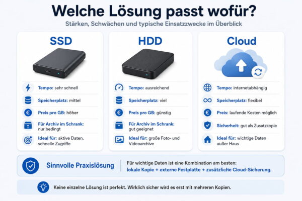 SSD, HDD oder Cloud im Vergleich für die Langzeitarchivierung von Daten Vergleichsgrafik zur Langzeitarchivierung von Daten mit SSD, HDD und Cloud