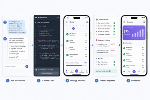 Vibe Coding: App-Entwicklung mit KI Schritt für Schritt erklärt Vibe Coding Ablauf für die App-Entwicklung mit KI vom Prompt bis zur verbesserten App