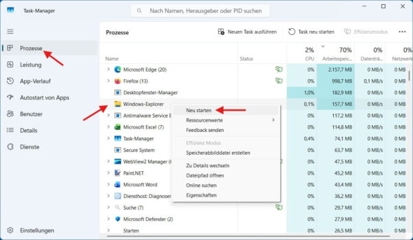 Windows 11 Explorer langsam: Windows-Explorer im Task-Manager neu starten