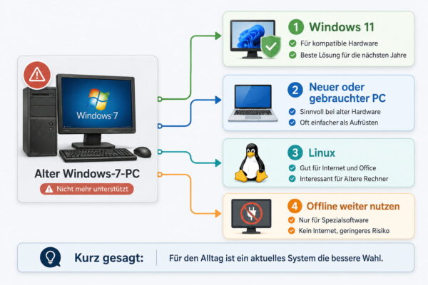 Windows 7 noch sicher? Diese Alternativen gibt es 2026 Windows 7 noch sicher: Übersicht mit Alternativen wie Windows 11, neuer PC, Linux oder Offline-Nutzung