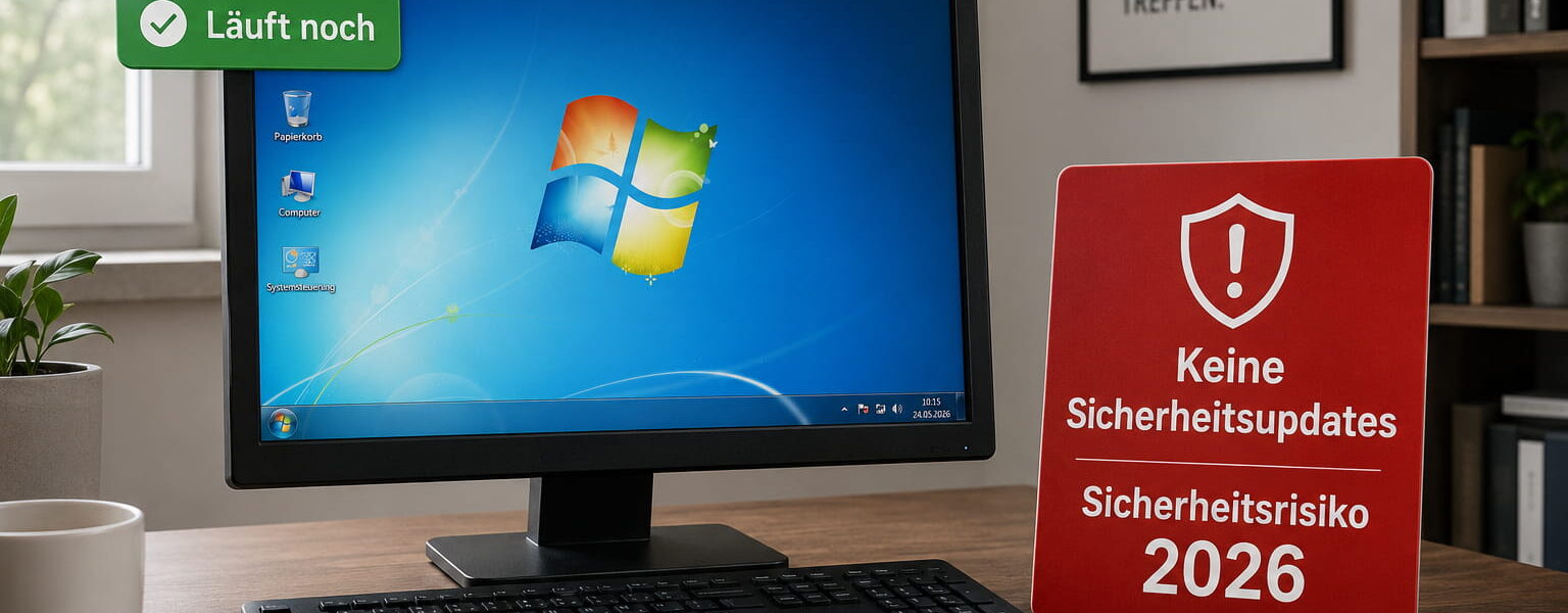 Windows 7 noch sicher: älterer PC mit Hinweis auf fehlende Sicherheitsupdates und Sicherheitsrisiko 2026