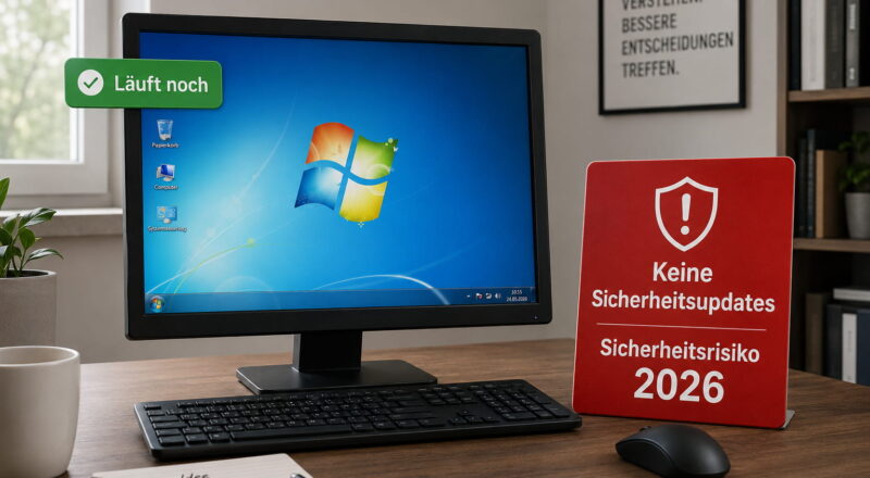 Windows 7 noch sicher: älterer PC mit Hinweis auf fehlende Sicherheitsupdates und Sicherheitsrisiko 2026