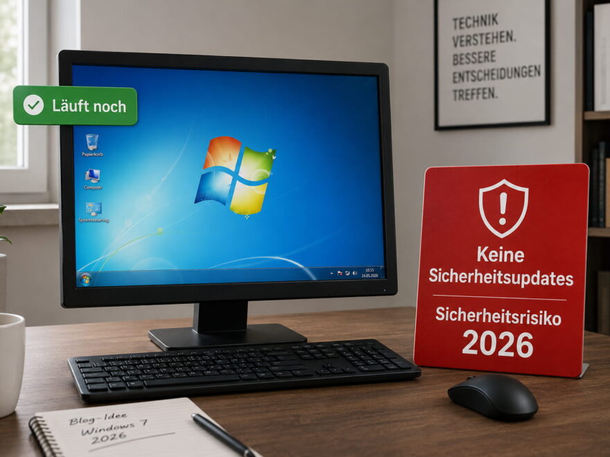 Windows 7 noch sicher: älterer PC mit Hinweis auf fehlende Sicherheitsupdates und Sicherheitsrisiko 2026