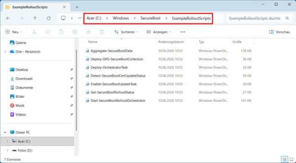 C:\Windows\SecureBoot und enthaltene PowerShell-Skripte Ordner C:\Windows\SecureBoot mit ExampleRolloutScripts im Windows-Explorer