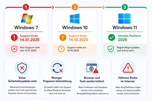 Windows 7 noch sicher? Support-Ende und Folgen im Überblick Windows 7 noch sicher: Infografik zum Support-Ende von Windows 7, Windows 10 und Windows 11