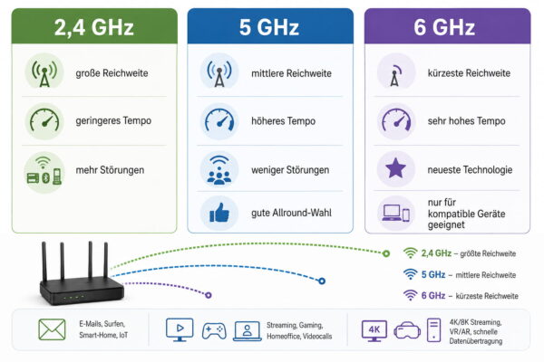 WLAN-Frequenzband richtig wählen WLAN zu langsam: Vergleich von 2,4 GHz, 5 GHz und 6 GHz