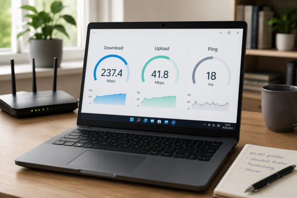 WLAN-Geschwindigkeit mit einem Speedtest prüfen WLAN zu langsam: Laptop zeigt Speedtest mit Download, Upload und Ping