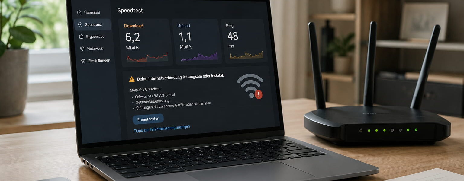 WLAN zu langsam: Laptop zeigt schwache Internetverbindung und Speedtest neben Router