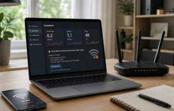 WLAN zu langsam: Laptop zeigt schwache Internetverbindung und Speedtest neben Router