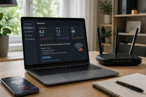 wlan zu langsam beitragsbild WLAN zu langsam: Laptop zeigt schwache Internetverbindung und Speedtest neben Router