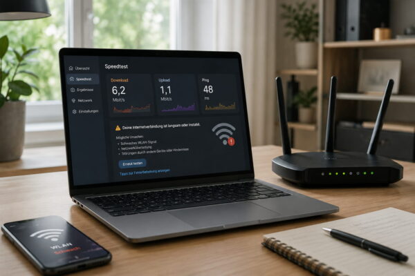 WLAN zu langsam: Laptop zeigt schwache Internetverbindung und Speedtest neben Router