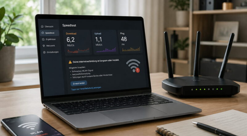WLAN zu langsam: Laptop zeigt schwache Internetverbindung und Speedtest neben Router