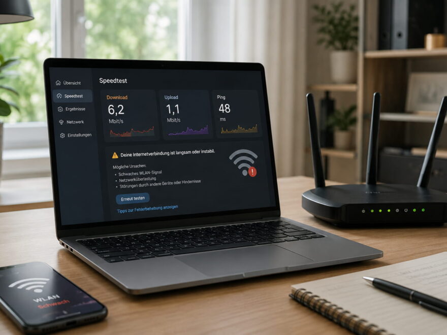 WLAN zu langsam: Laptop zeigt schwache Internetverbindung und Speedtest neben Router