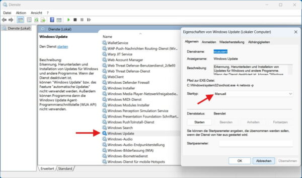 Windows-Update-Dienst mit Starttyp Manuell zur Behebung von 0x800705b4 prüfen