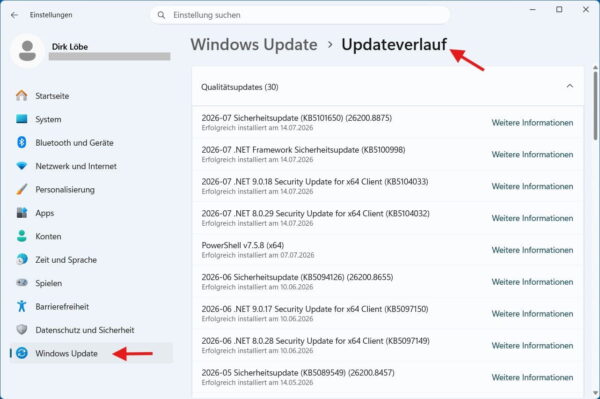 Updateverlauf in Windows mit KB-Nummern zur Prüfung des Fehlers 0x800705b4