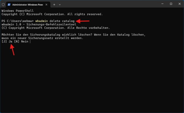 Beschädigten Sicherungskatalog löschen und 0x810000F0 beheben 0x810000F0 beheben: Sicherungskatalog mit wbadmin delete catalog löschen
