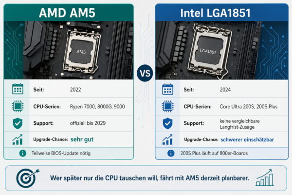 AM5 oder LGA1851: CPU-Sockel im Vergleich AM5 oder LGA1851 im Vergleich mit Support und Aufrüstchancen