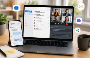 Digitale Kommunikation über Smartphone, E-Mail, Videoanruf und KI-Übersetzung