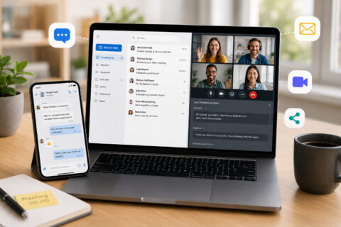 Digitale Kommunikation über Smartphone, E-Mail, Videoanruf und KI-Übersetzung
