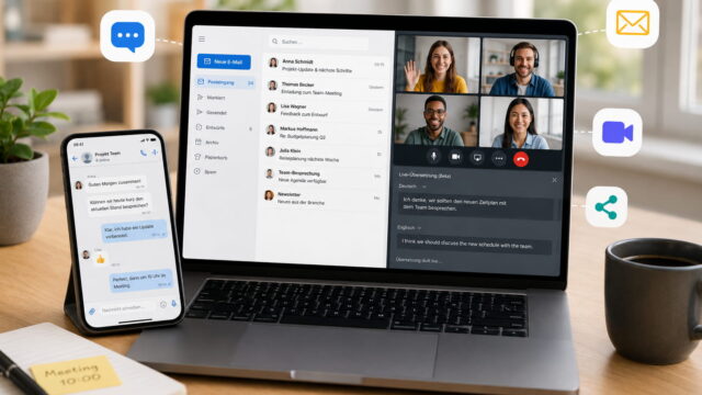 Digitale Kommunikation über Smartphone, E-Mail, Videoanruf und KI-Übersetzung