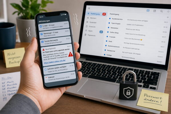 Risiken digitaler Kommunikation durch Phishing, Datenmissbrauch und zu viele Benachrichtigungen