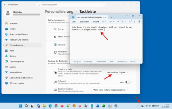 Emoji-Panel in Windows 11 bei waehrend der Eingabe anzeigen Emoji-Panel in Windows 11 erscheint in der Taskleiste nur waehrend der Eingabe