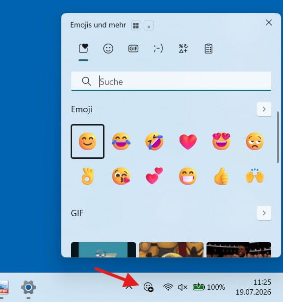 Emoji-Panel in Windows 11 mit Emojis, GIFs und Sonderzeichen Geoeffnetes Emoji-Panel in Windows 11 mit Emojis, GIFs und Sonderzeichen