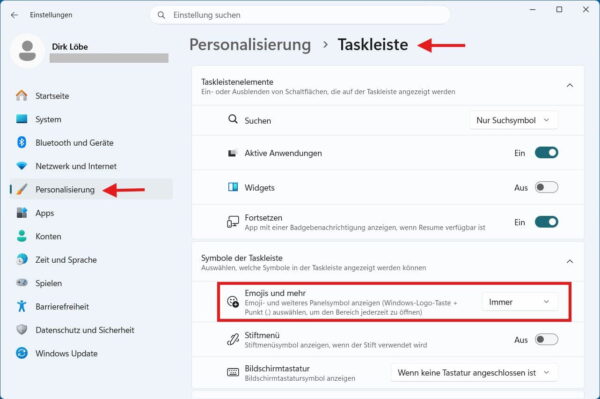 Emoji-Panel in Windows 11 in der Taskleiste anzeigen Emoji-Panel in Windows 11 über die Taskleisteneinstellungen aktivieren