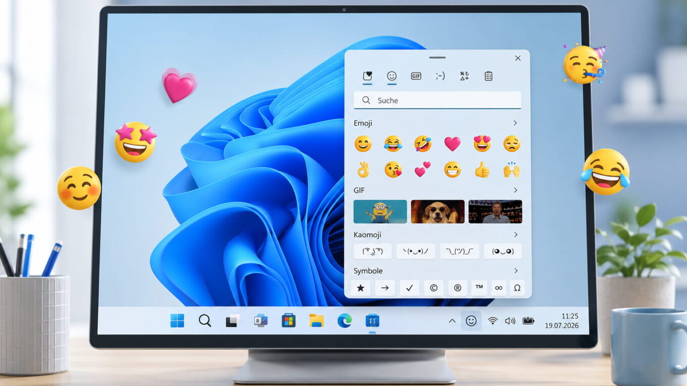 Emoji-Panel in Windows 11 mit Emojis, GIFs und Sonderzeichen