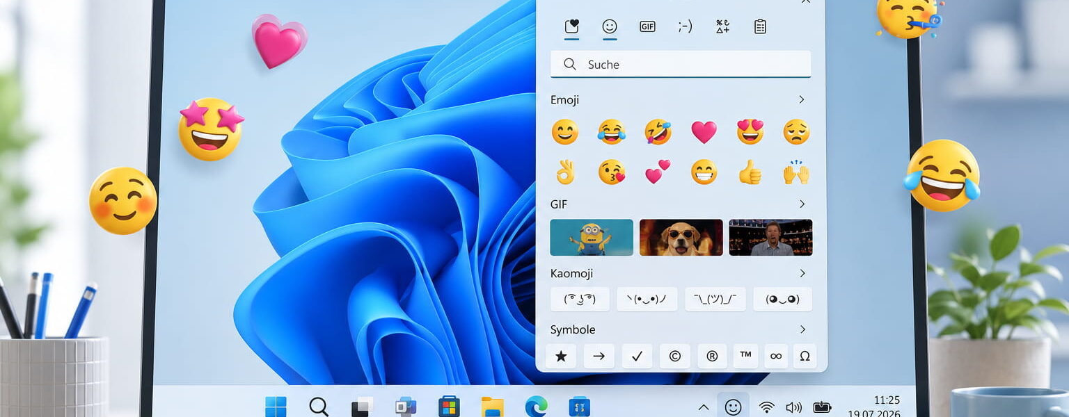 Emoji-Panel in Windows 11 mit Emojis, GIFs und Sonderzeichen
